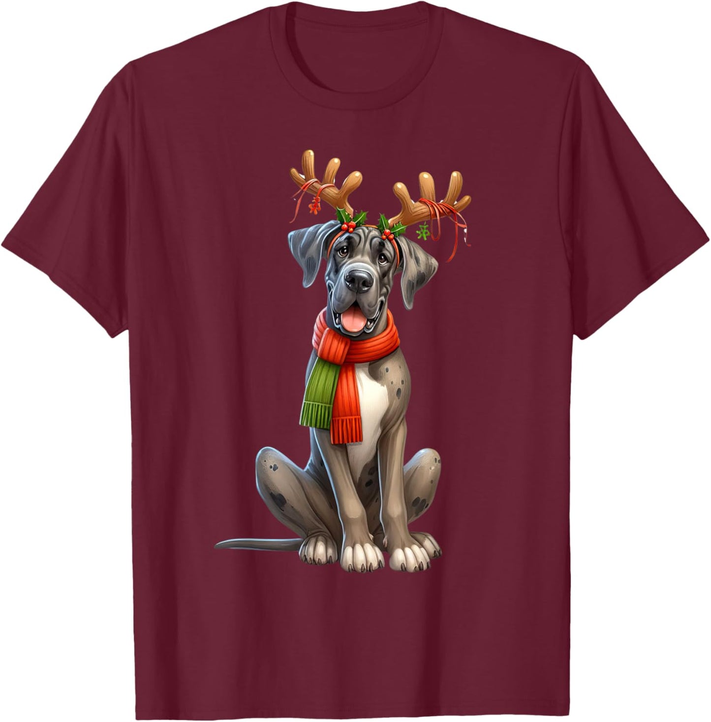 Great Dane Reindeer Santa Hat Xmas Lights Christmas Xmas Dog T-Shirt - T-Shirt | Maroon