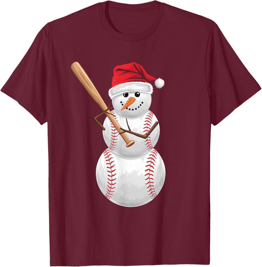 Baseball Christmas Snowman Playing Baseball Men Women Kids T-Shirt - T-Shirt | Maroon