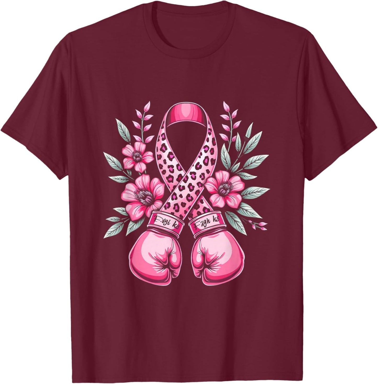 Pink Ribbon Leopard Print Boxing Gloves Breast Cancer Design T-Shirt - T-Shirt | Maroon