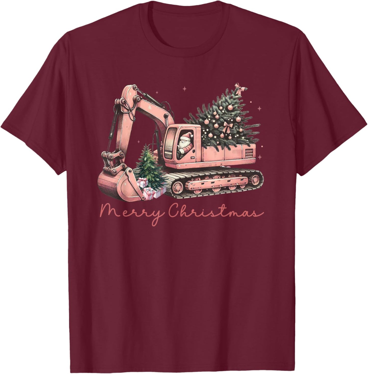 Merry Christmas Construction Excavator Christmas Tree Light T-Shirt - T-Shirt | Maroon