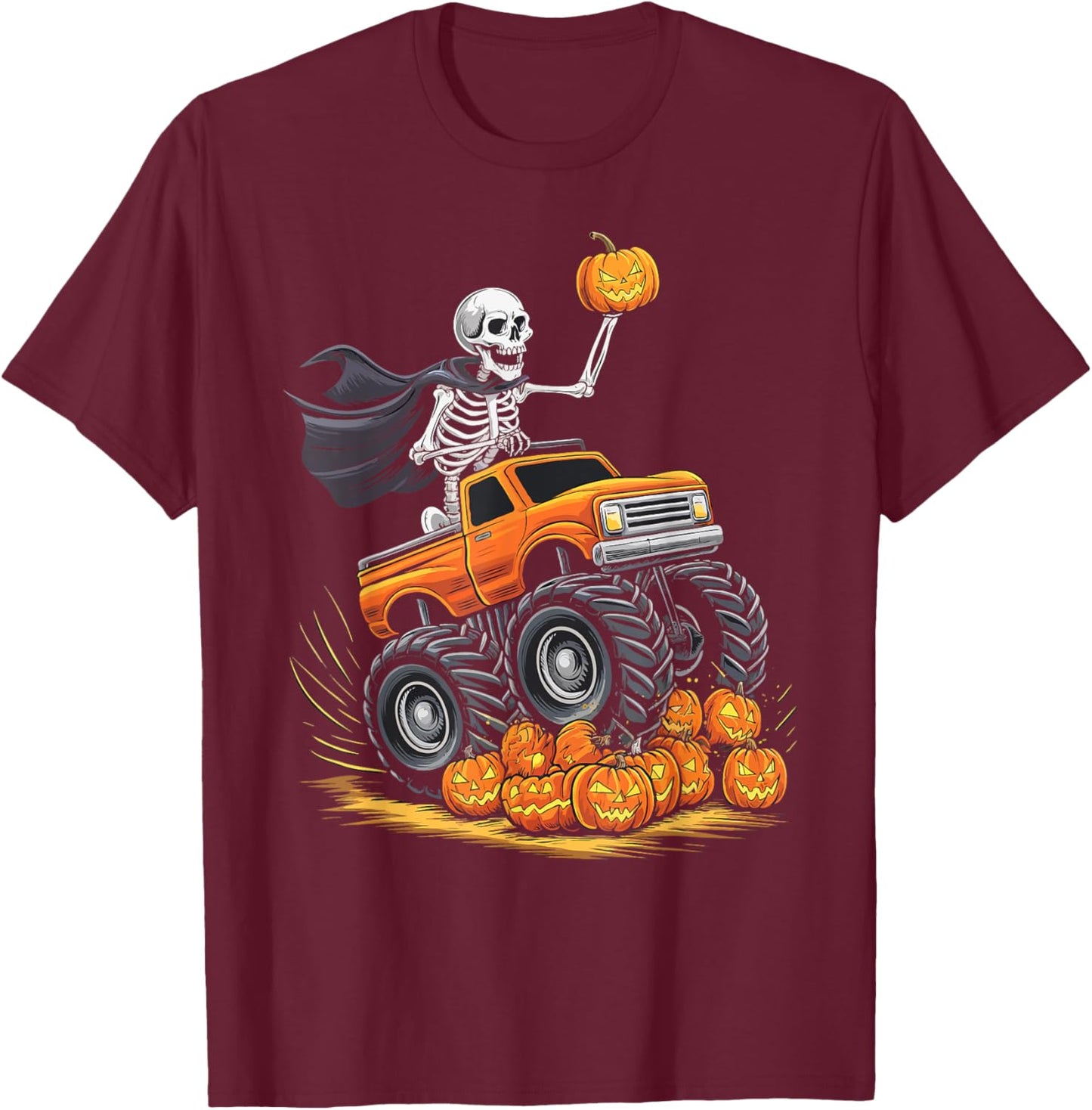 Skeleton Riding Monster Truck Halloween Pumpkin Kids Toddler T-Shirt - T-Shirt | Maroon