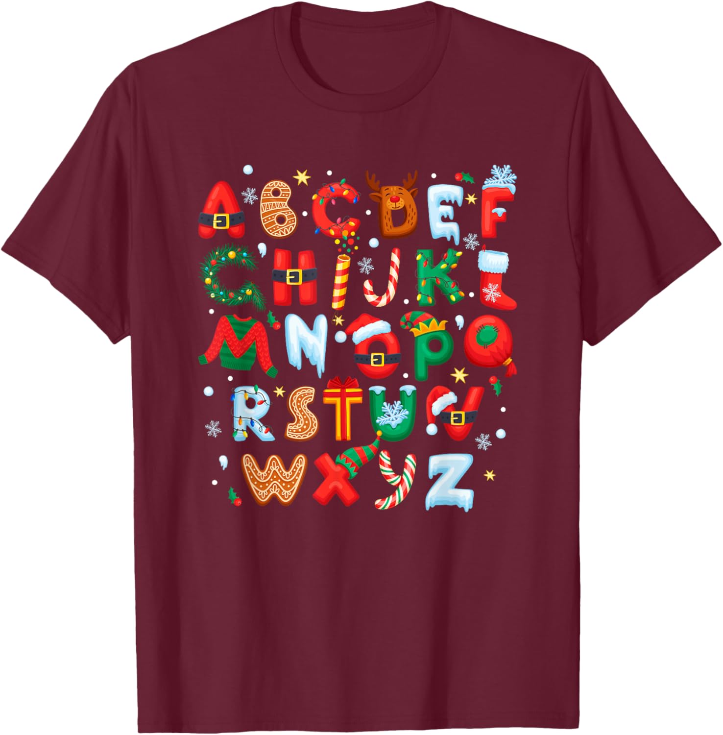 Teacher Christmas Alphabet Back To School Holiday Learning T-Shirt - T-Shirt | Maroon