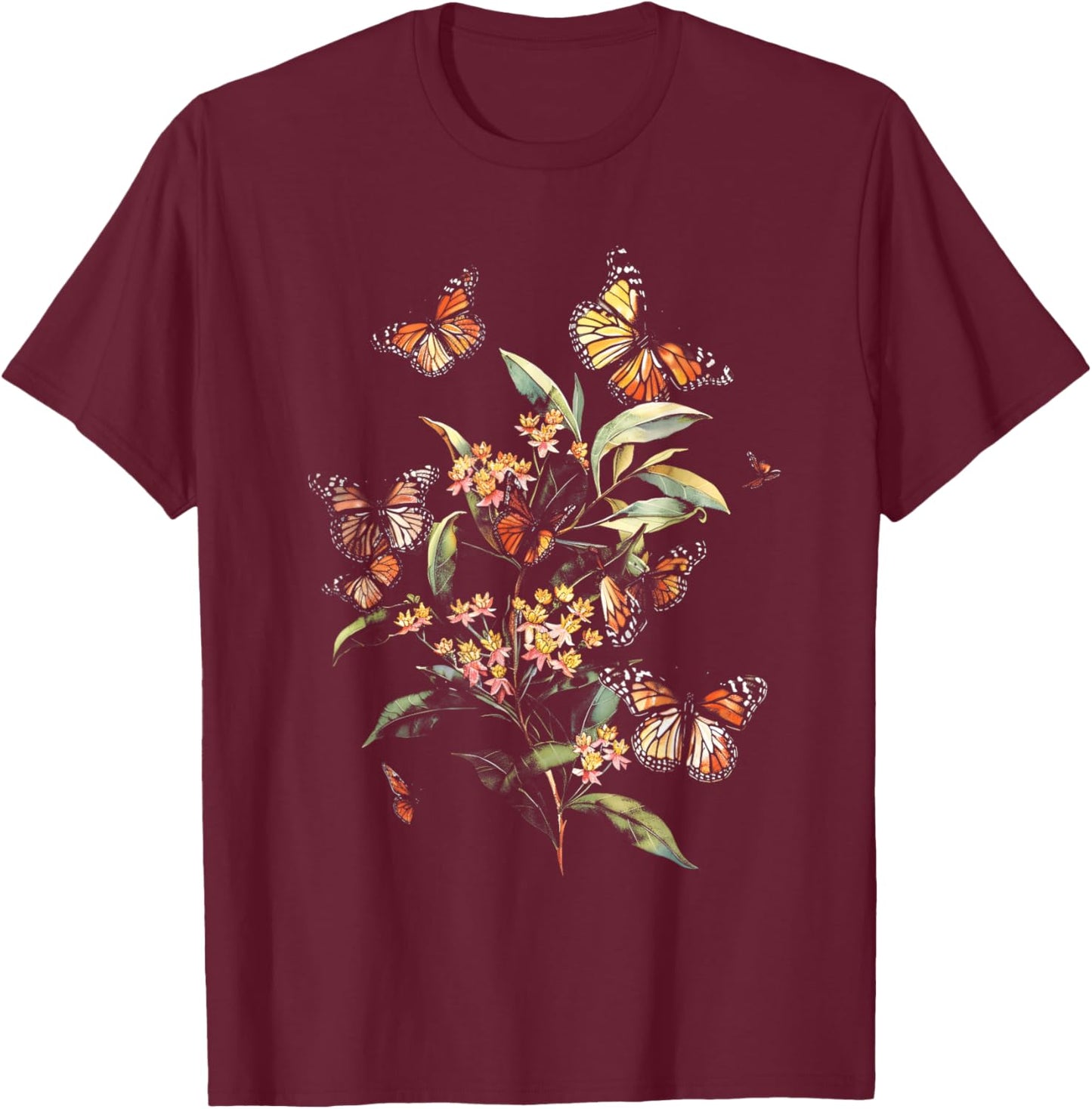 Vintage Monarch Butterfly Milkweed Flower Girl Plant Mom T-Shirt - T-Shirt | Maroon