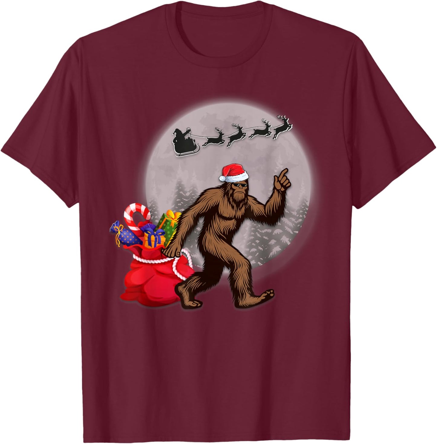 Funny Christmas, Moon Sasquatch, Bigfoot Santa's Big Helper T-Shirt - T-Shirt | Maroon