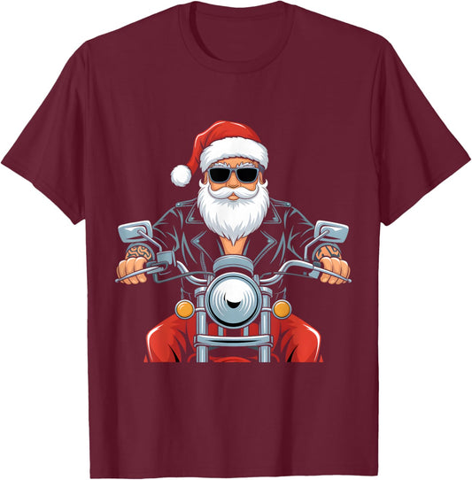 Christmas Funny Santa Claus Humor X-Mas Vacation Motorcycle T-Shirt - T-Shirt | Maroon