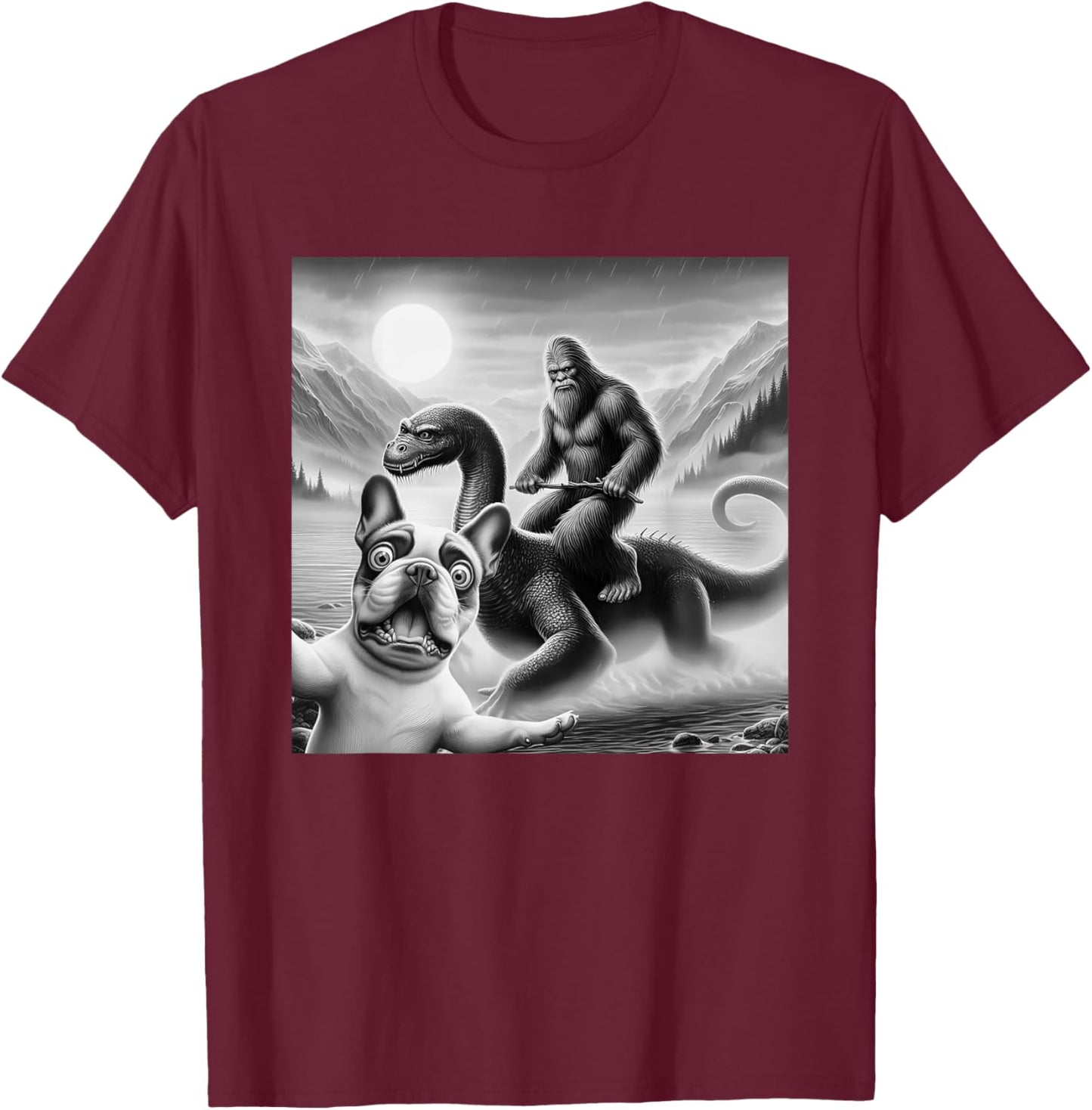 Funny French bulldog Selfie with bigfoot riding loch Ness Women Kids T-Shirt - T-Shirt | Maroon