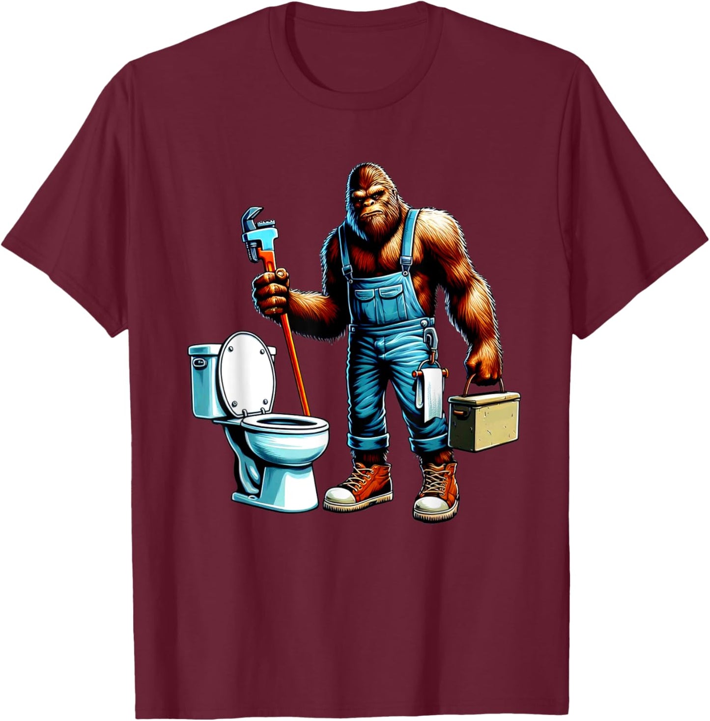 Bigfoot At Work Plumber Plumbing Worker Sasquatch Funny T-Shirt - T-Shirt | Maroon