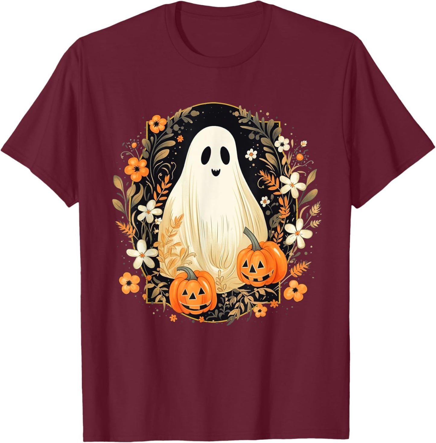 Vintage Floral Ghost Halloween Ghost Pumpkin Jack-o-Lantern T-Shirt - T-Shirt | Maroon