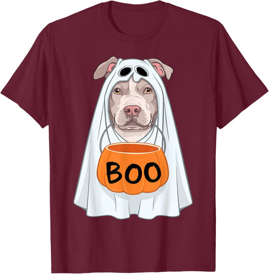 Halloween Dog Pitbull Cute Ghost Sheet Costume Boo T-Shirt - T-Shirt | Maroon