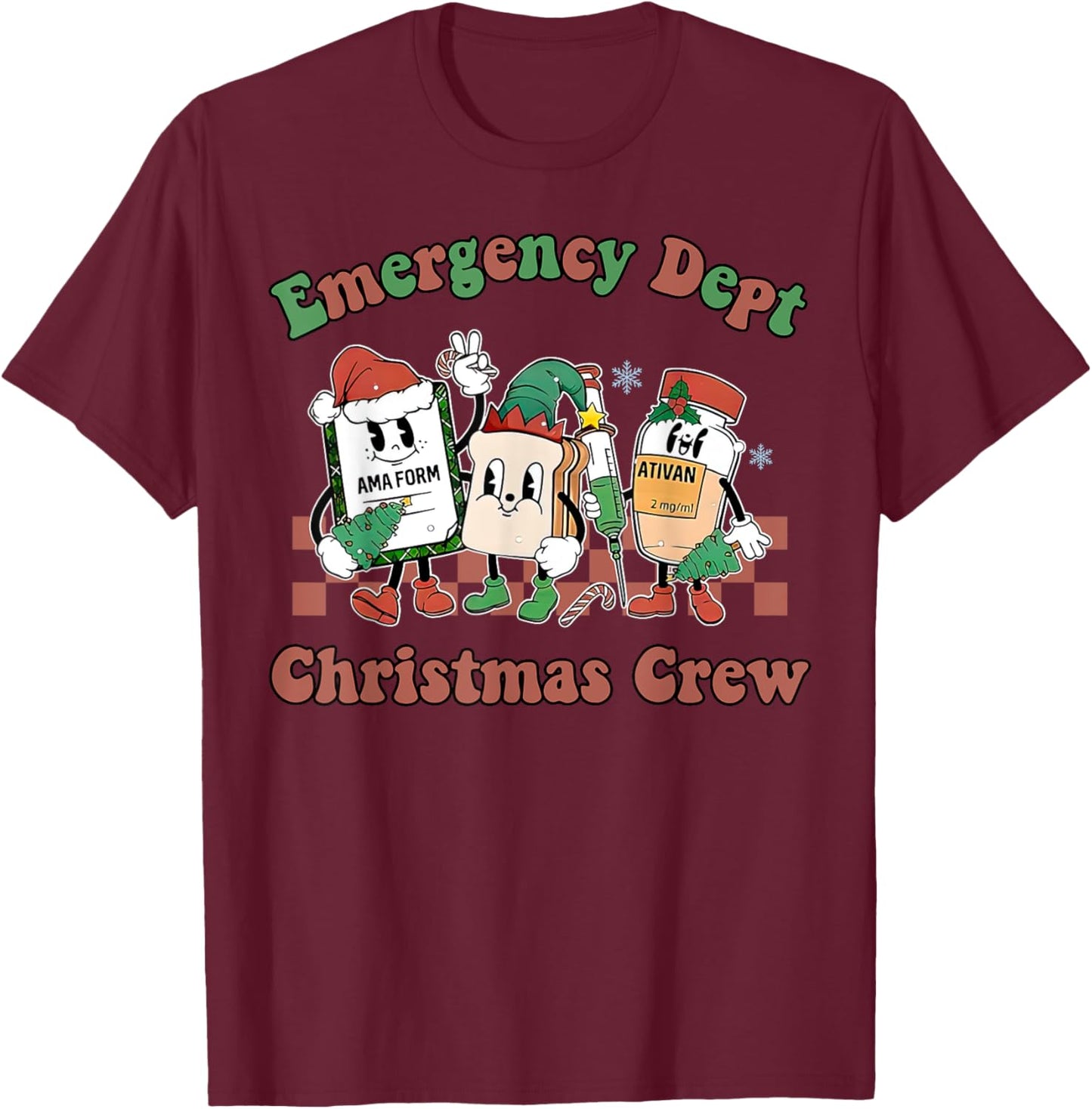 Emergency Department ER Nurse Christmas Outfit Adult Christmas/Winter Holidays Black X-Small Short Sleeve Christmas-themed Emergency Room Staff T-Shirt - T-Shirt | Maroon