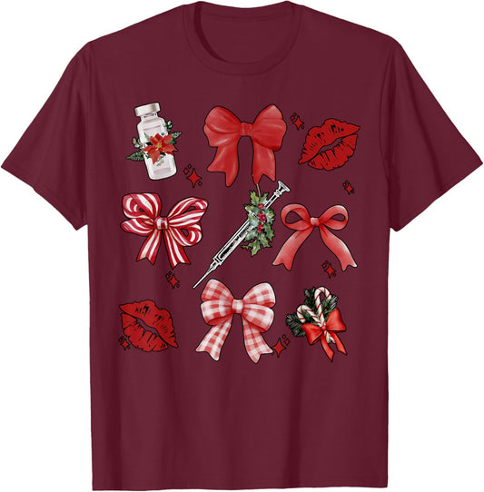 Christmas Aesthetic Nurse Injector Coquette Bow Botox Dealer T-Shirt - T-Shirt | Maroon