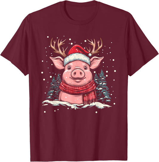 Pig Reindeer Santa Hat Christmas Xmas T-Shirt - T-Shirt | Maroon