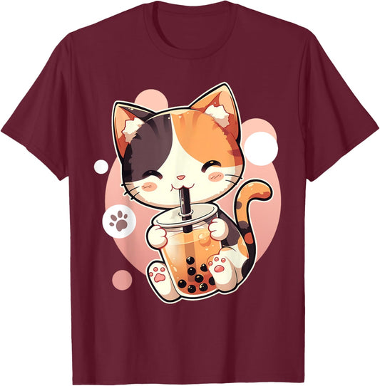 Cute Cat Drinking Boba Tea Bubble Tea Anime Kawaii Neko Women Kids T-Shirt - T-Shirt | Maroon