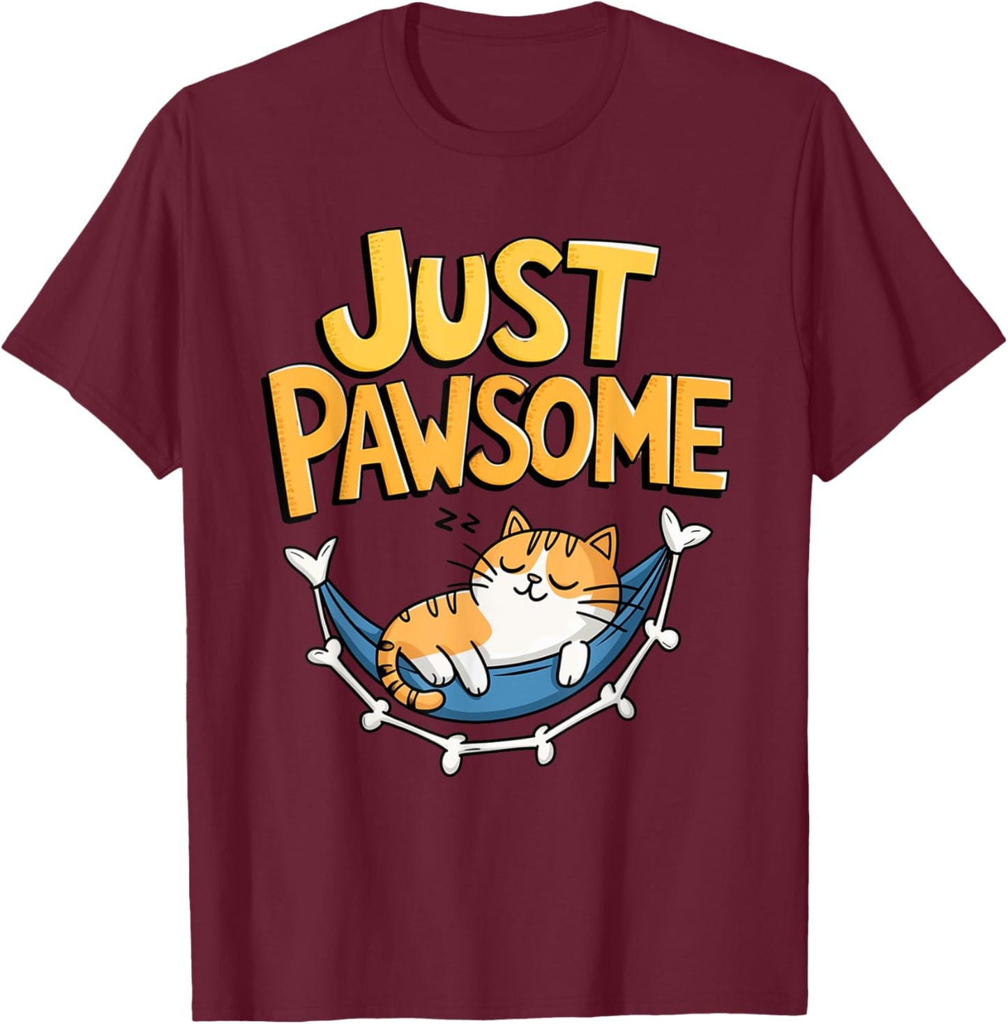 Cartoon Cat Lounging in Hammock Pawsome T-Shirt - T-Shirt | Maroon
