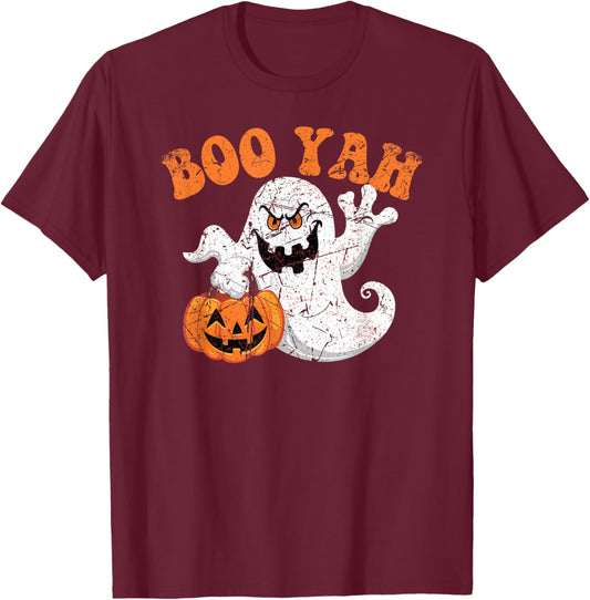 Kids Ghost Boo Yah Men Boys Halloween Booyah Funny Spooky T-Shirt - T-Shirt | Maroon