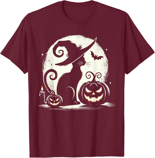Black Cat Halloween Cat Lovers T-Shirt - T-Shirt | Maroon