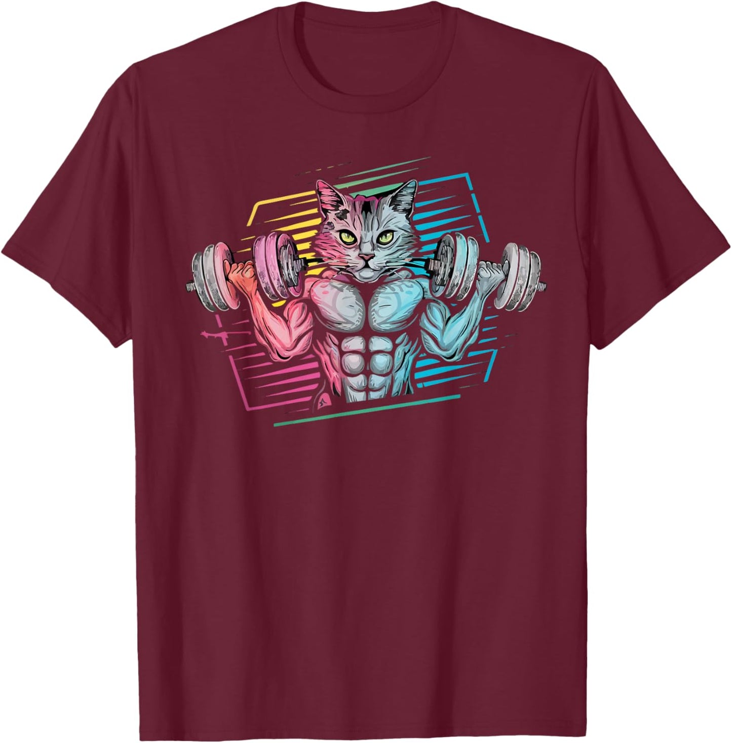 Funny cat Lifting Weights Gym Workout Animal Fitness cat T-Shirt - T-Shirt | Maroon