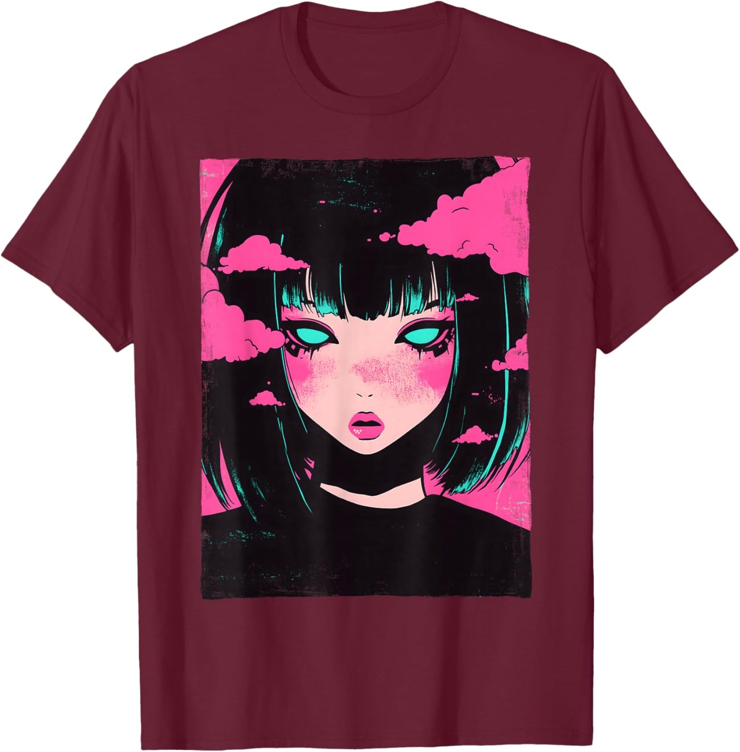 Distressed Anime Girl Vaporwave Pastel Goth E-Girl Grunge T-Shirt - T-Shirt | Maroon
