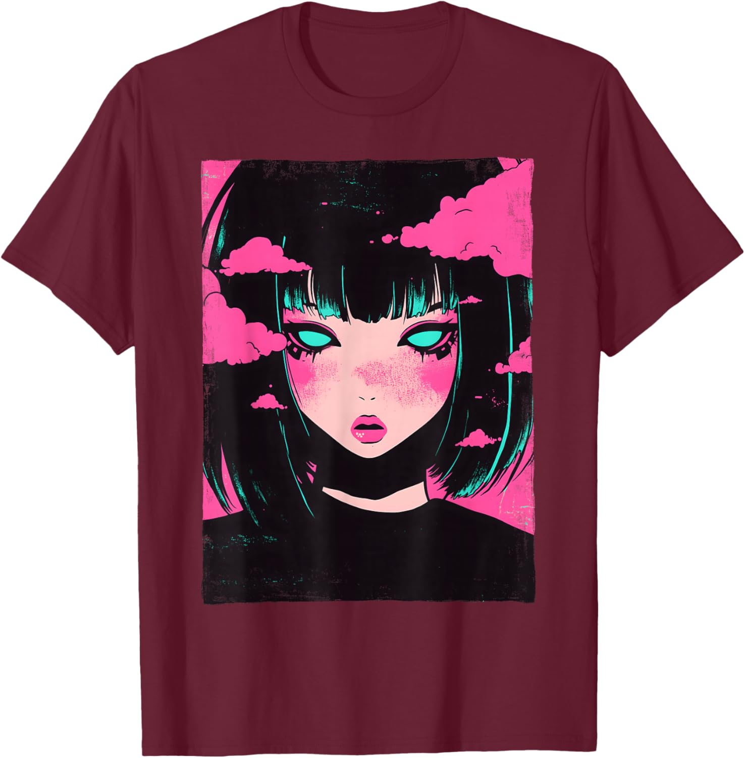 Distressed Anime Girl Vaporwave Pastel Goth E-Girl Grunge T-Shirt - T-Shirt | Maroon