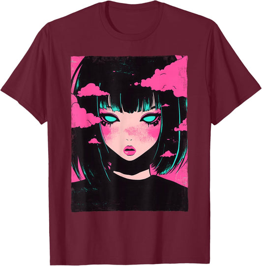 Distressed Anime Girl Vaporwave Pastel Goth E-Girl Grunge T-Shirt - T-Shirt | Maroon