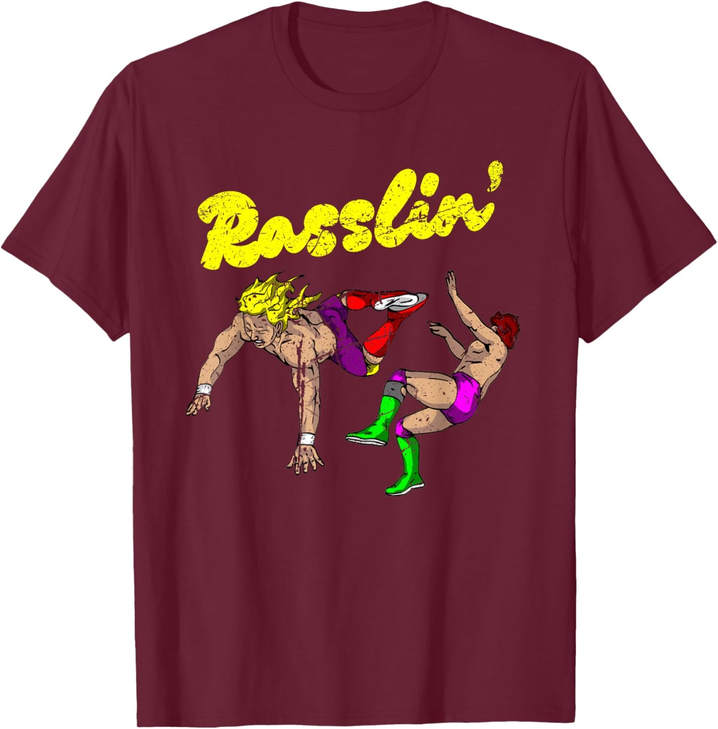 Masked Designer Vintage Grunge Rasslin' Pro Wrestling Fan - Black - -Adults & Kids - Short Sleeve - - Wrestling Fan T-Shirt - T-Shirt | Maroon