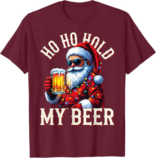 Funny Christmas Santa Ho Ho Hold My Bear Cool Sunglasses T-Shirt - T-Shirt | Maroon