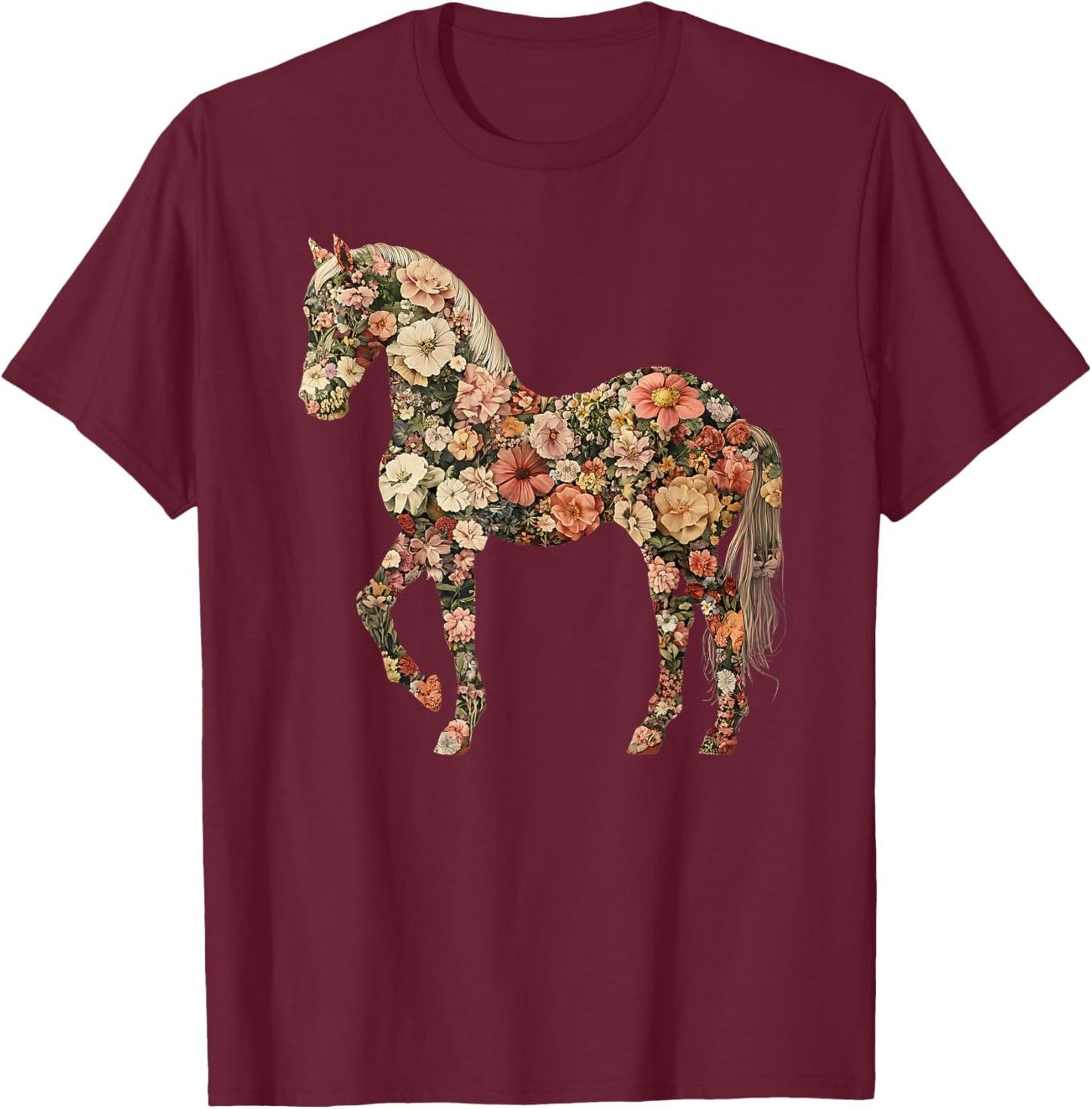 Horse Lover Gifts Floral Horse - Adults, Black, Small, Short Sleeve T-Shirt - T-Shirt | Maroon