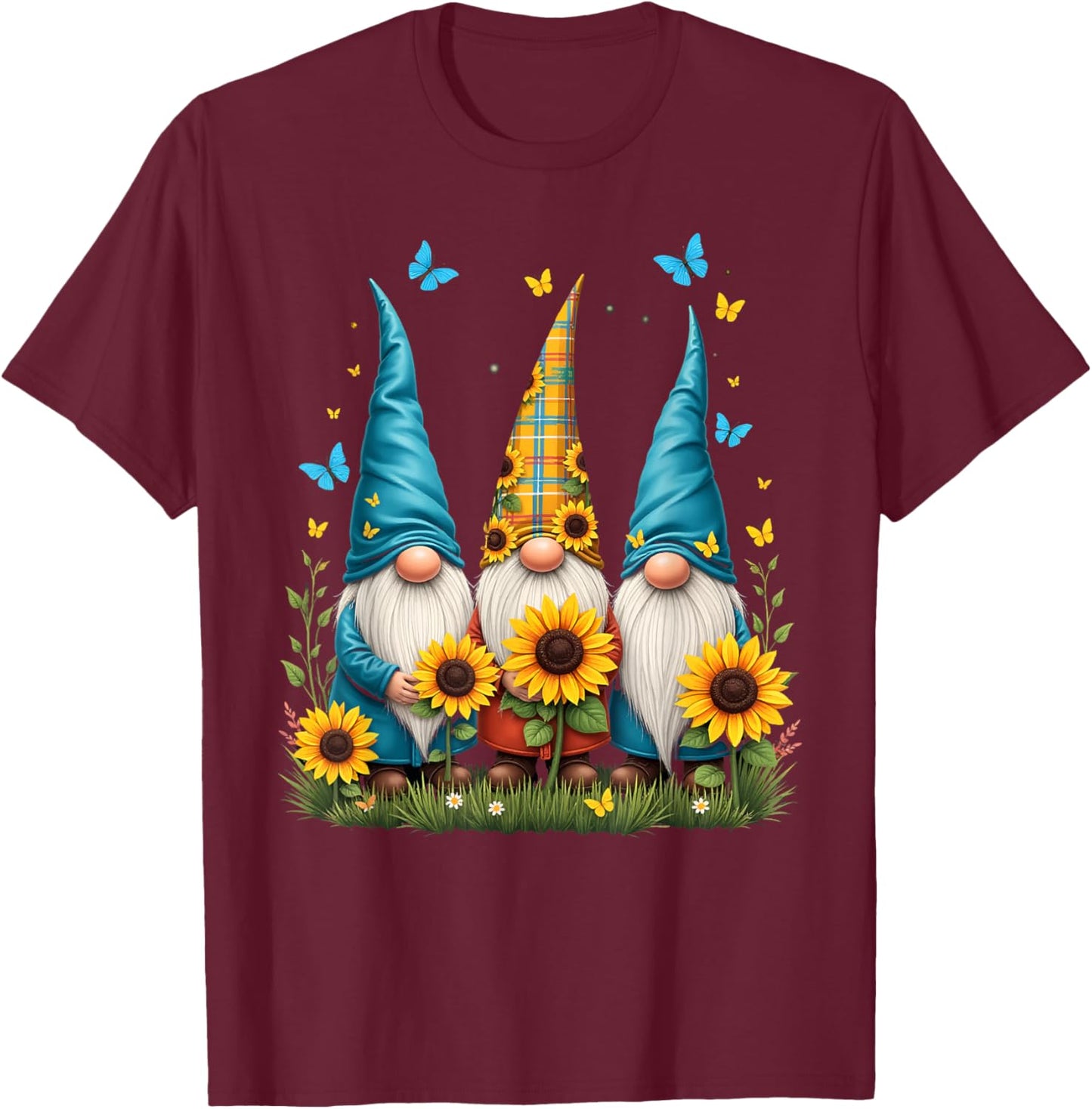 Gnomes With Sunflower Butterfly Flower Garden Gardener T-Shirt - T-Shirt | Maroon