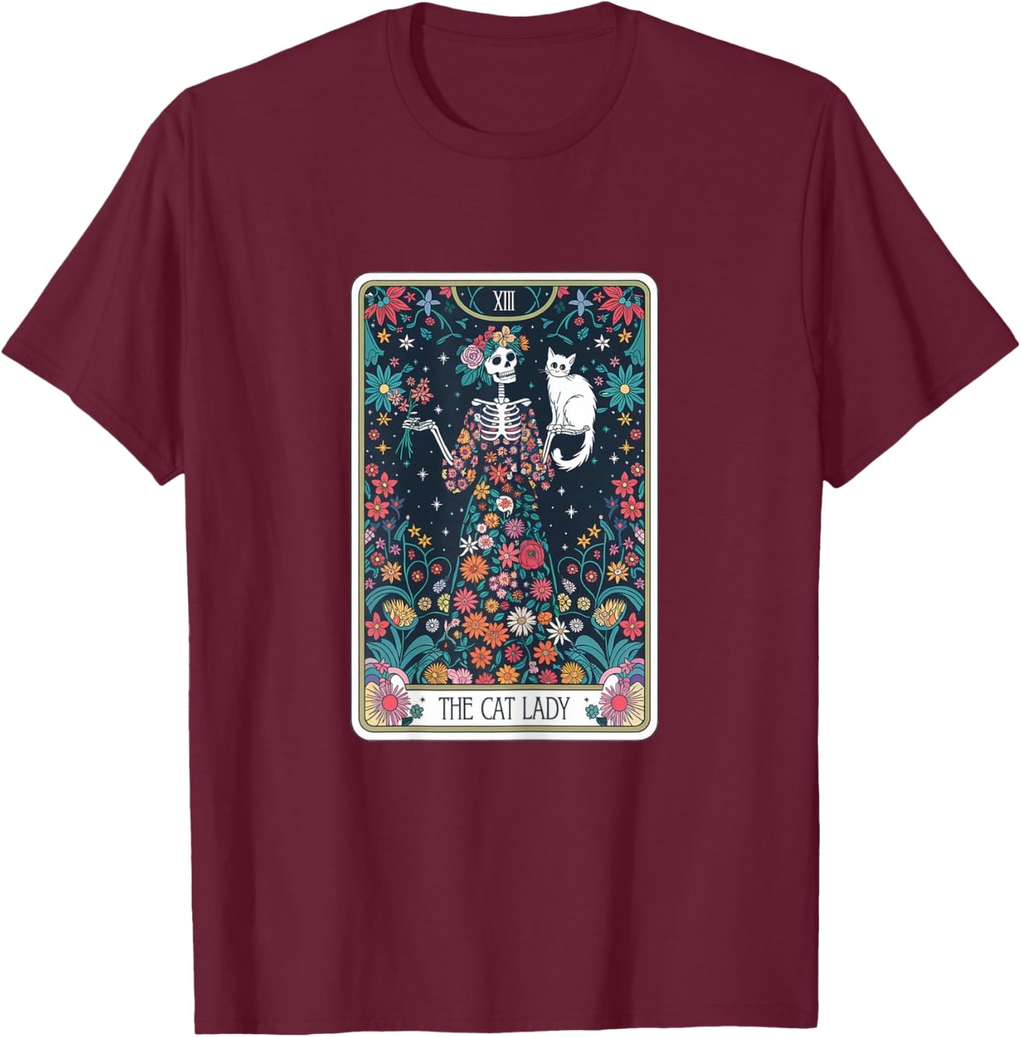 Tarot Card The Cat Lady Cats Lover Vintage Goth Art Skeleton T-Shirt - T-Shirt | Maroon
