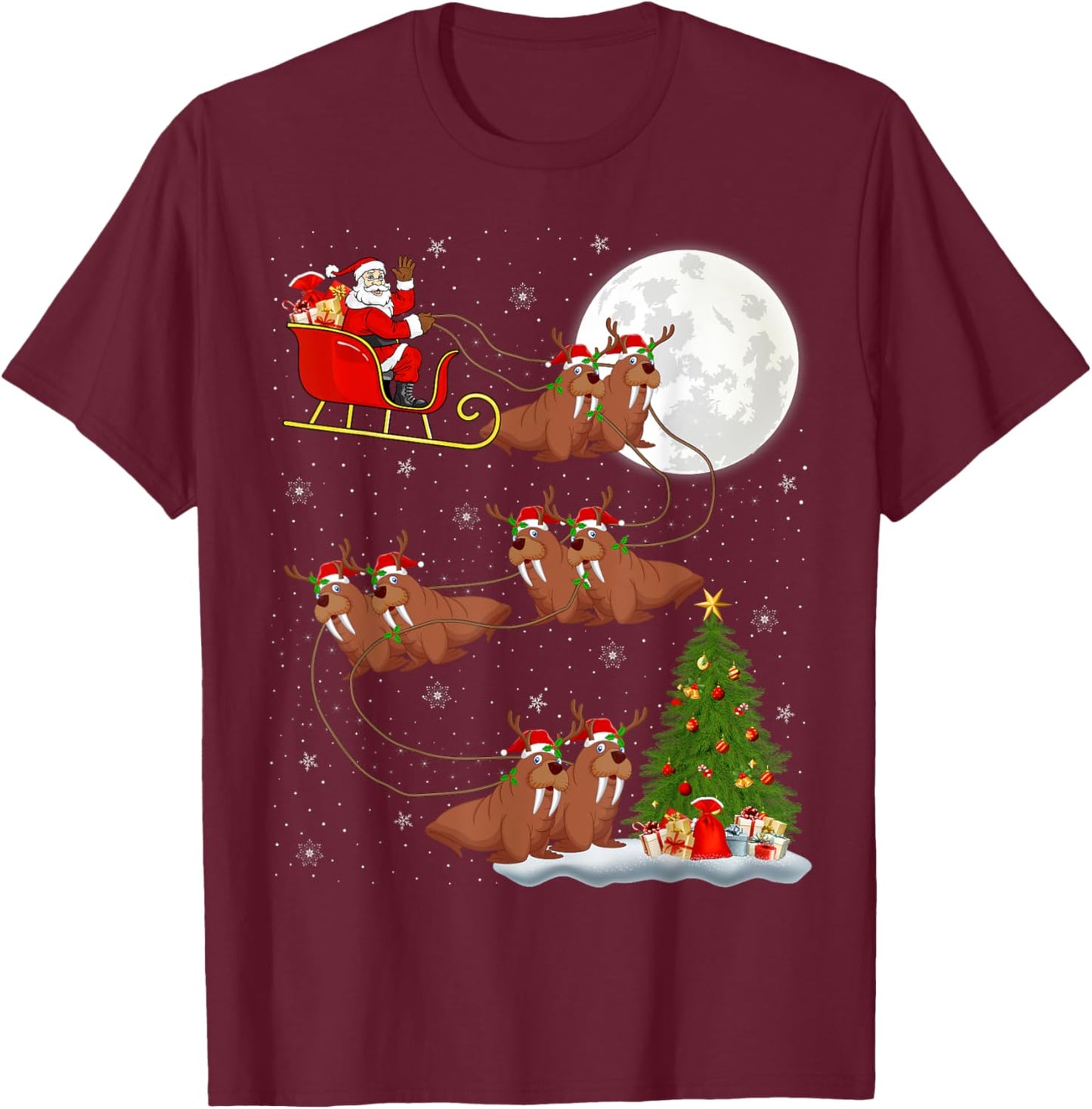 Xmas Tree Lights Funny Santa Riding Walrus Christmas T-Shirt - T-Shirt | Maroon