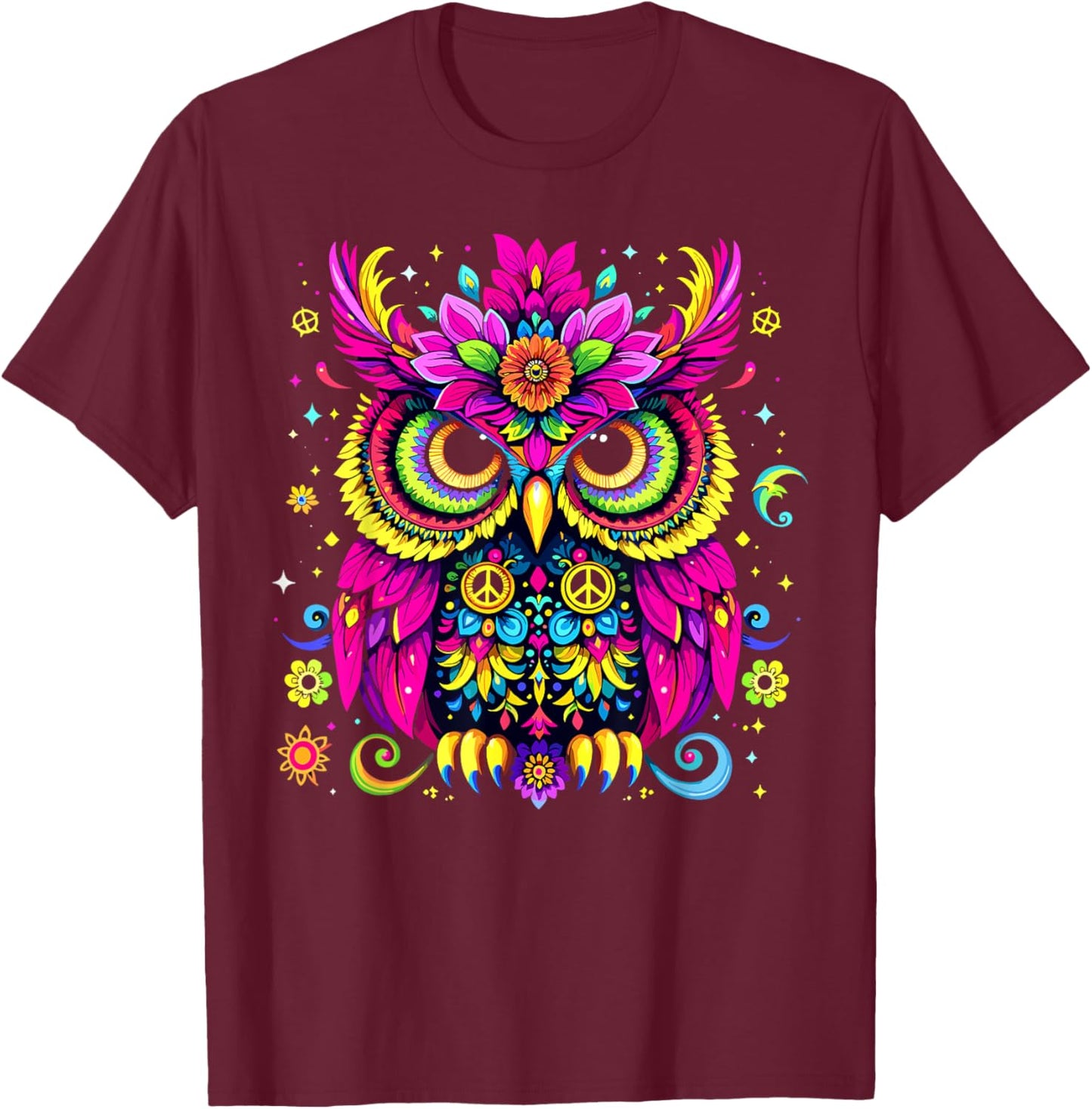 Trippy EDM Peace Owl Hippie Psychedelic T-Shirt - T-Shirt | Maroon