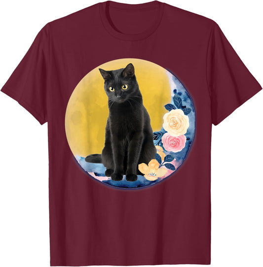 Cute Cat Motif Cat On Crescent Moon With Flowers Moonlight Men Women Kids T-Shirt - T-Shirt | Maroon