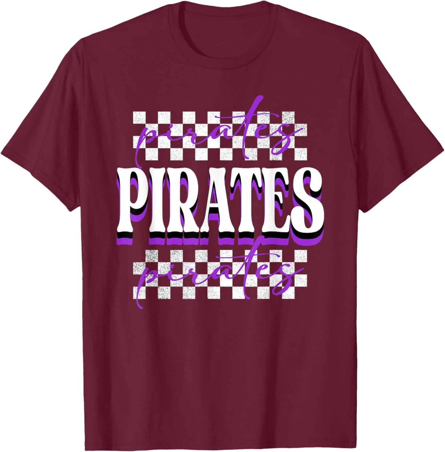 Pirates Checkered School Spirit Purple Pirate Pride Mascot T-Shirt - T-Shirt | Maroon
