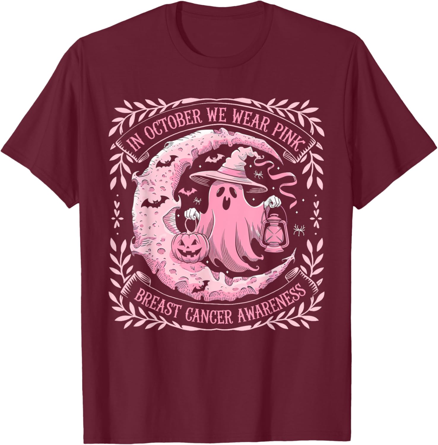 October We Wear Pink Ghost Halloween Pumpkins Breast Cancer T-Shirt - T-Shirt | Maroon