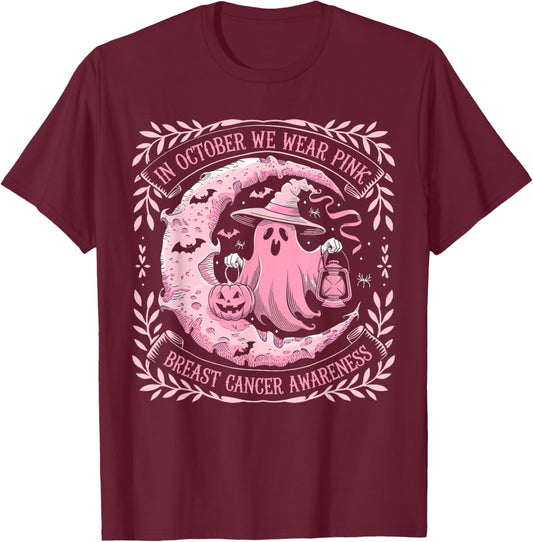 October We Wear Pink Ghost Halloween Pumpkins Breast Cancer T-Shirt - T-Shirt | Maroon
