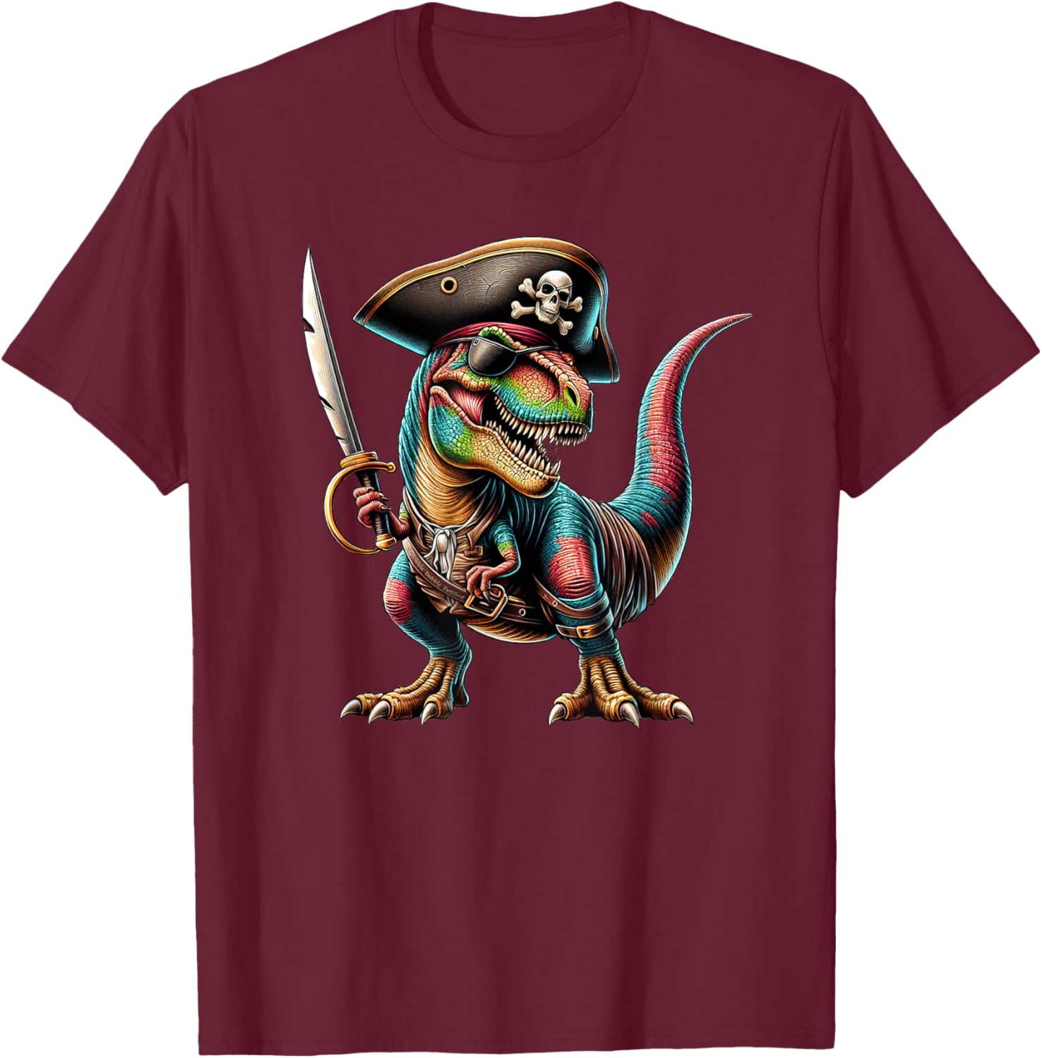Pirate Dinosaur T-Rex with Sword and Eye Patch Pirate T-Shirt - T-Shirt | Maroon