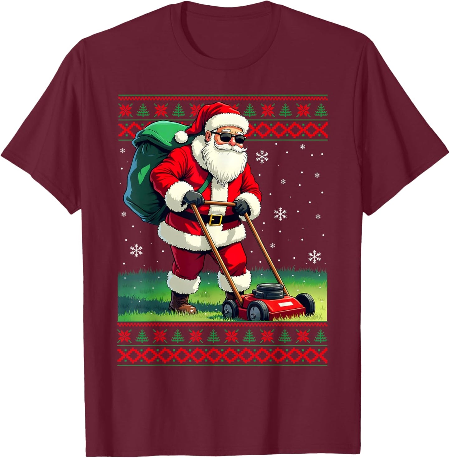 Santa Claus Mowing Lawn Ugly Christmas Holiday Boys Men T-Shirt - T-Shirt | Maroon