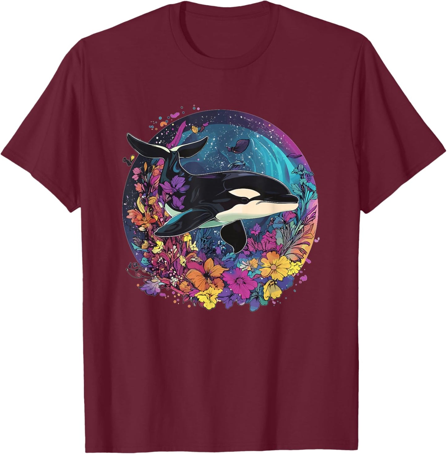Orca Whale Surrounded By Vibrant Flowers T-Shirt - T-Shirt | Maroon