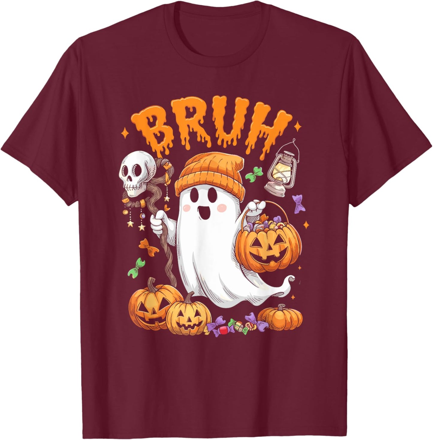 Bruh Ghost Halloween Cute Ghost Trick Or Treat Candy Kids T-Shirt - T-Shirt | Maroon