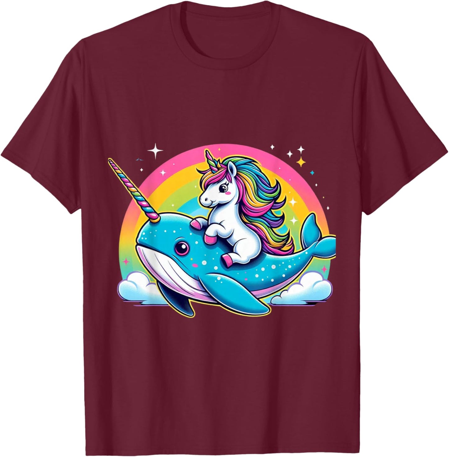 Unicorn Riding Narwhal Boys Girls Men Women Kids Rainbow T-Shirt - T-Shirt | Maroon