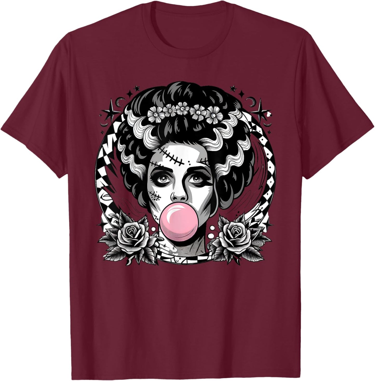 Frankenstein Monster And Bride Bubble Gum Funny Halloween T-Shirt - T-Shirt | Maroon