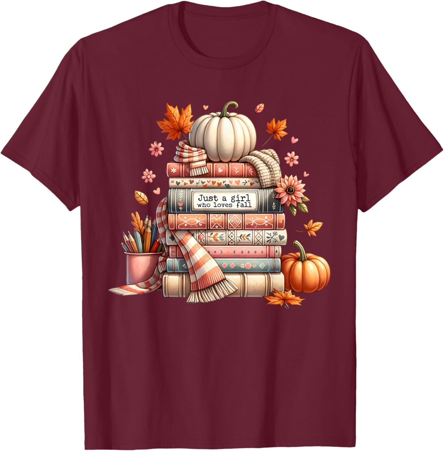 Fall In Love With Reading Autumn Librarian Cute Book Lover T-Shirt - T-Shirt | Maroon