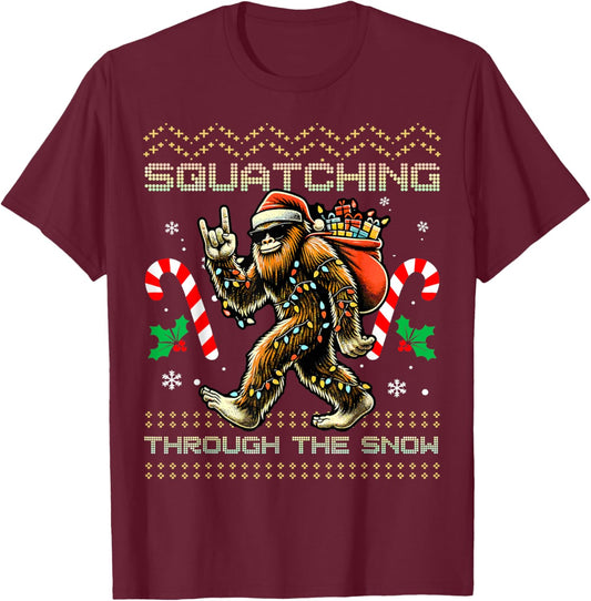Squatching Through The Snow Squatch Rock Bigfoot Christmas T-Shirt - T-Shirt | Maroon