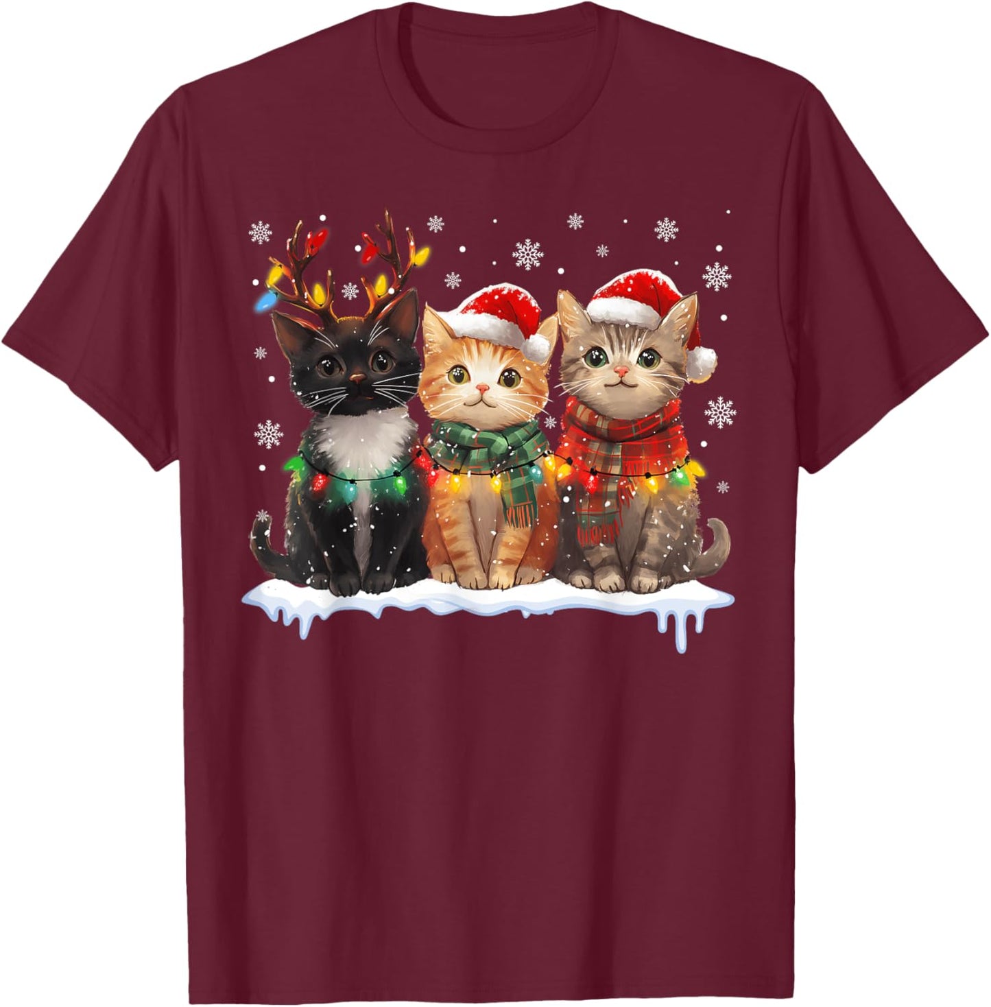 Santa Cat Light Reindeer Christmas Cat Lover Pajamas T-Shirt - T-Shirt | Maroon