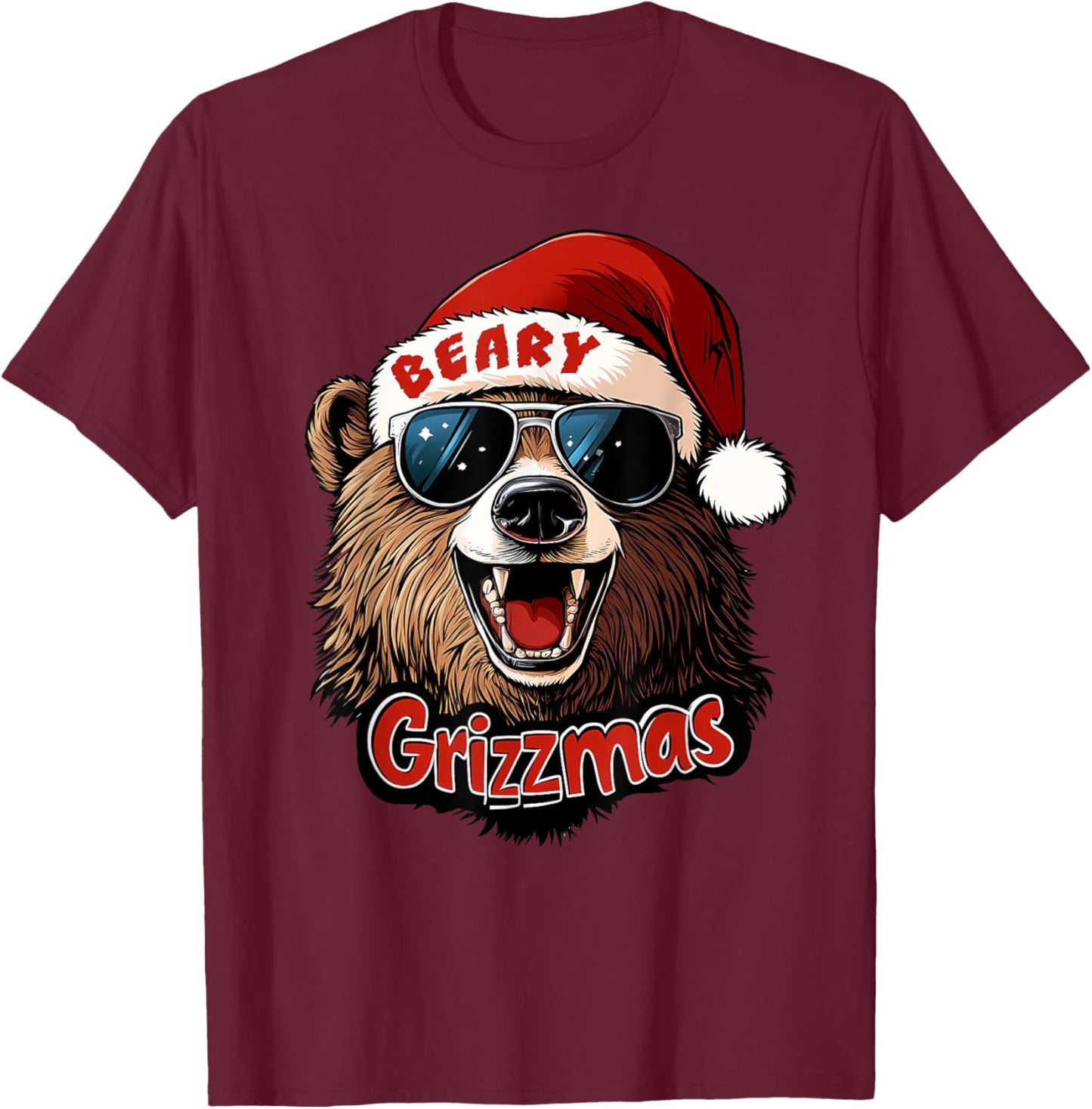 Funny Beary Grizzmas Grizzly Bear Christmas Cool Rizz Santa T-Shirt - T-Shirt | Maroon