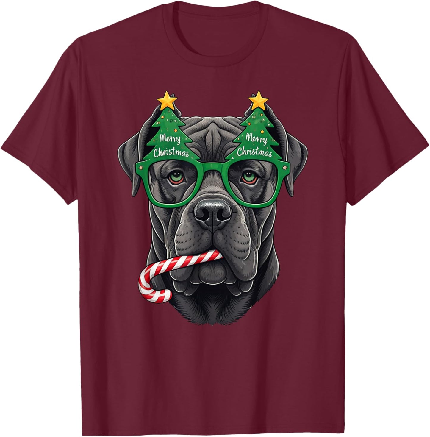 Christmas Tree Sunglasses Cane Corso Candy Cane T-Shirt - T-Shirt | Maroon