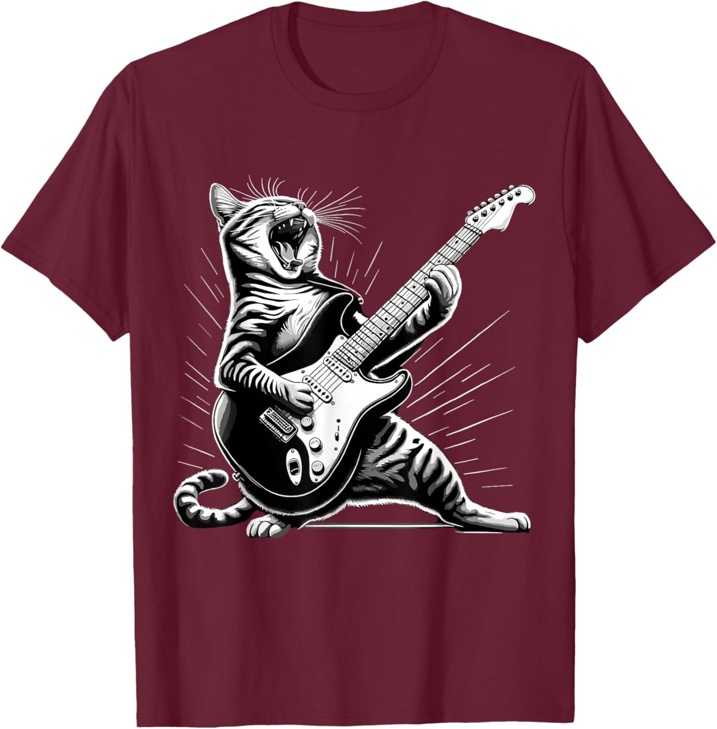 Humorous Gifts for Guitarist Rock and Roll Cat Playing Guitar T-Shirt - T-Shirt | Maroon