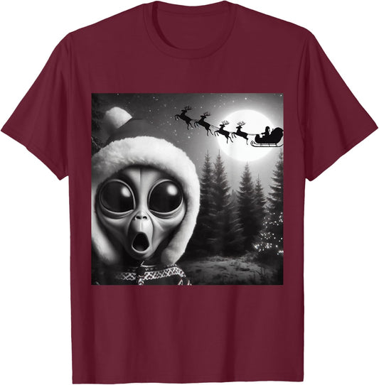 Christmas Alien Shocked by Santa’s Sleigh,Funny Holiday Xmas T-Shirt - T-Shirt | Maroon