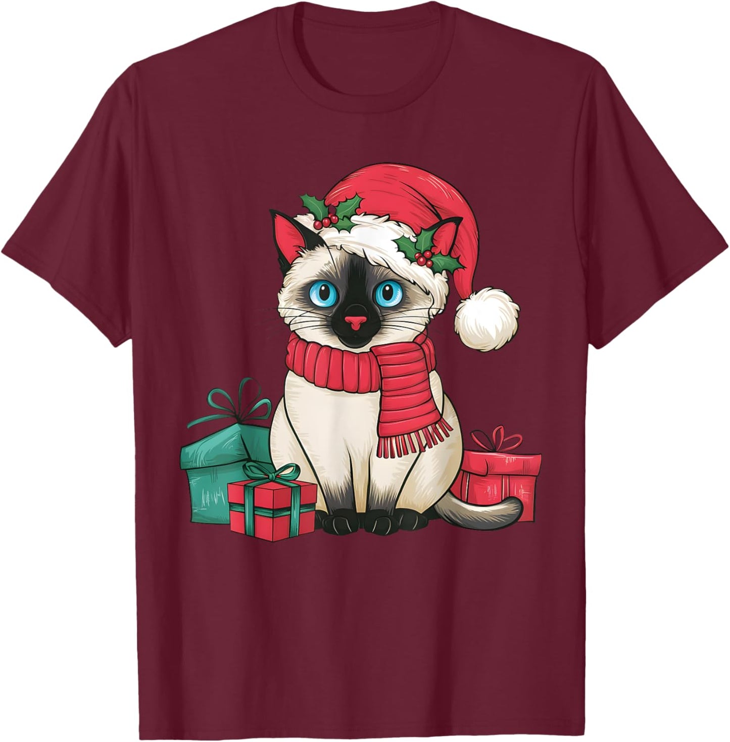 Siamese Cat Xmas Holiday Santa Siamese Cat Christmas Men Women Kids T-Shirt - T-Shirt | Maroon