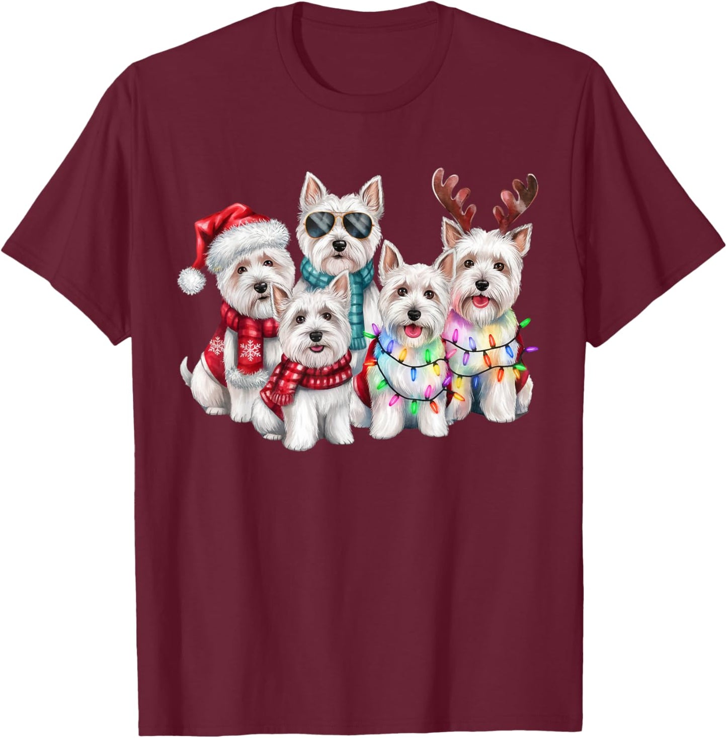 Westie Reindeer Christmas Lights Dog Lover Xmas Pajama Men Women T-Shirt - T-Shirt | Maroon